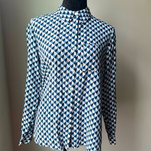 Women’s Geometric Blue and White Button-Up Silk Dress Shirt